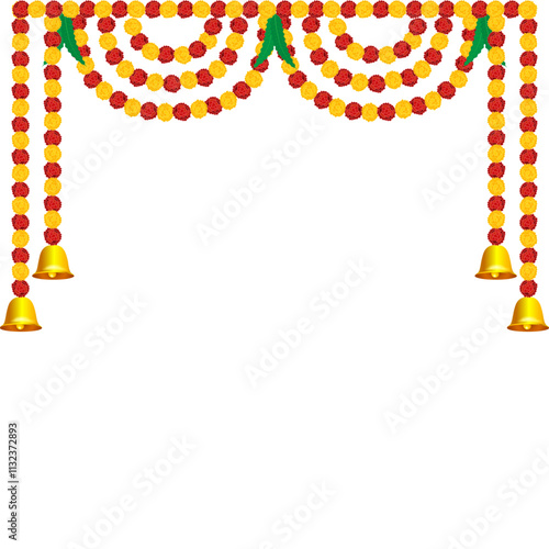 Vector illustration of beautiful marigold flower garland with bells and leaves on transparent background