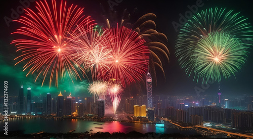 Chinese New Year: Fireworks exploding in the night sky, sparklers and light plumes, festive atmosphere