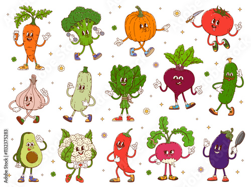 Funny groovy vegetable characters. Cartoon vector playful veggies carrot, broccoli, pumpkin, tomato and garlic, zucchini, lettuce, beet, cucumber or avocado. Cauliflower, pepper, radish healthy foods
