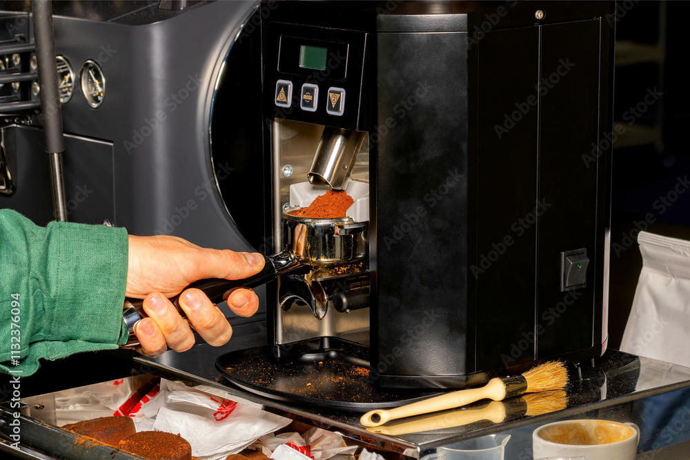 Brewing perfection with precision tools in a bustling cafe environment
