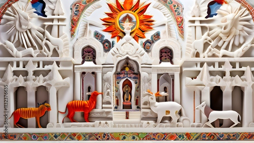 A prayer scene in a temple, where the walls are adorned with Otomi needlework depicting divine animals and sacred geometry