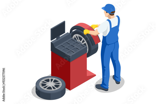 Isometric, Mechanic at a garage workshop. Wheel and tire installation services. Transportation solutions, tire maintenance, and computerized balancing equipment.