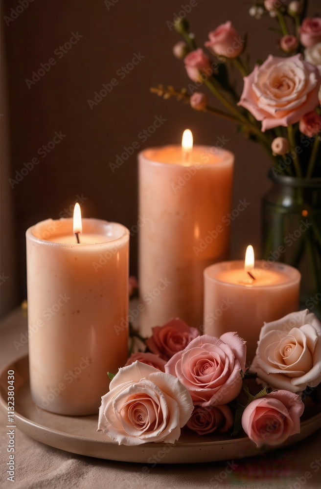 Beautiful candles color mocha mousse next to flowers. Trend color of 2025 Beautiful candles color mocha mousse next to flowers. Trend color of 2025