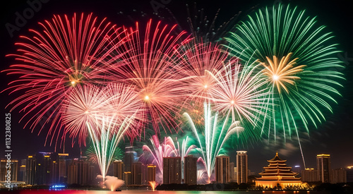 Fireworks and Festivities Photograph of Chinese new year fireworks celebrations on the chinese temple background