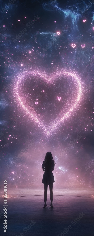 A silhouette of a person stands against a cosmic backdrop, with a glowing heart shape formed by stars and light. A silhouette of a person stands against a cosmic backdrop, with a glowing heart shape formed by stars and light.