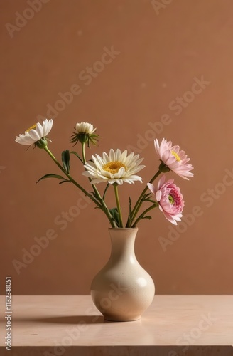 Wallpaper Mural Vase with flowers on a neutral background color mocha mousse. Trend color of 2025 Torontodigital.ca