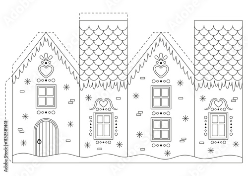 Coloring page with Christmas gingerbread house for kids. Craft game cut and glue paper. Education for kids, papercraft, Christmas decor. Vector illustration