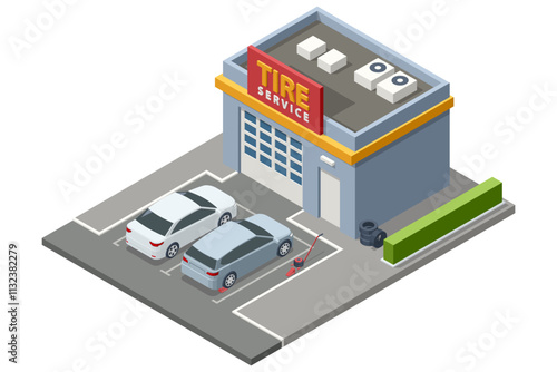 Isometric, Mechanic at a garage workshop. Wheel and tire installation services. Transportation solutions, tire maintenance, and computerized balancing equipment.
