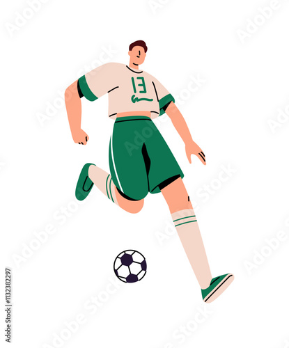 Soccer player runs, kicks, hits ball with his foot. Sportsman in uniform rushing to goal, win in sport game. Professional athlete plays football. Flat isolated vector illustration on white background