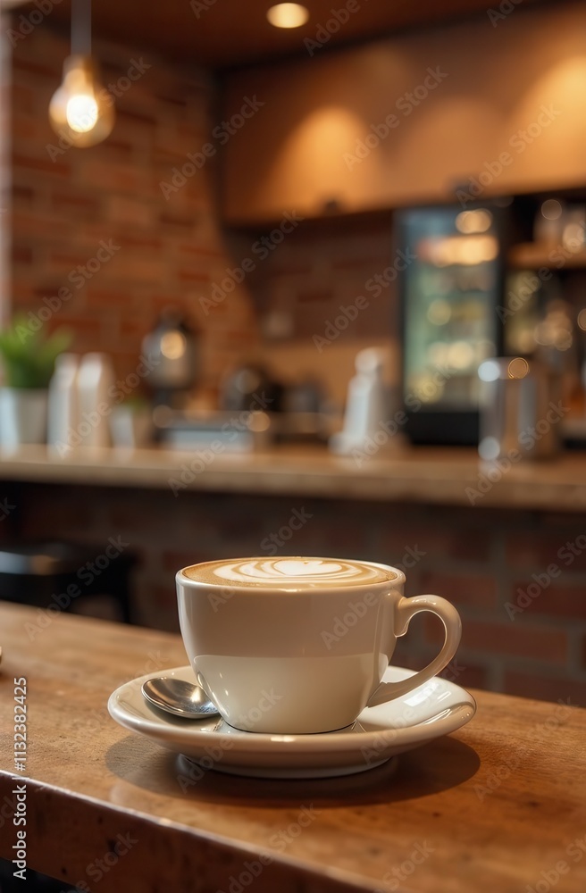 Fototapeta premium Cup of latte in mocha mousse colored cafe on table with warm lighting and cozy atmosphere.. 