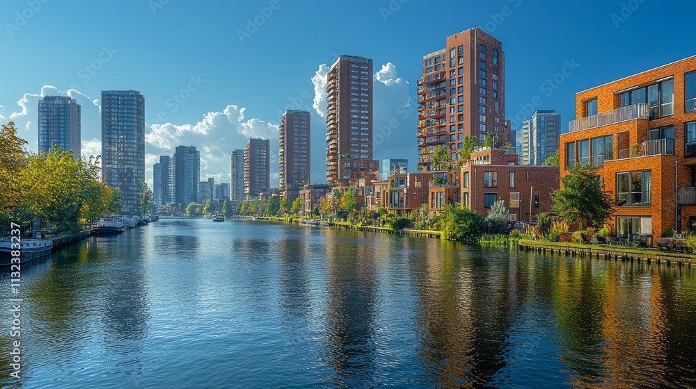 Fototapeta premium Bright sunlight casts shimmering reflections on the tranquil canal, where striking modern buildings rise alongside lush greenery, creating a picturesque urban landscape