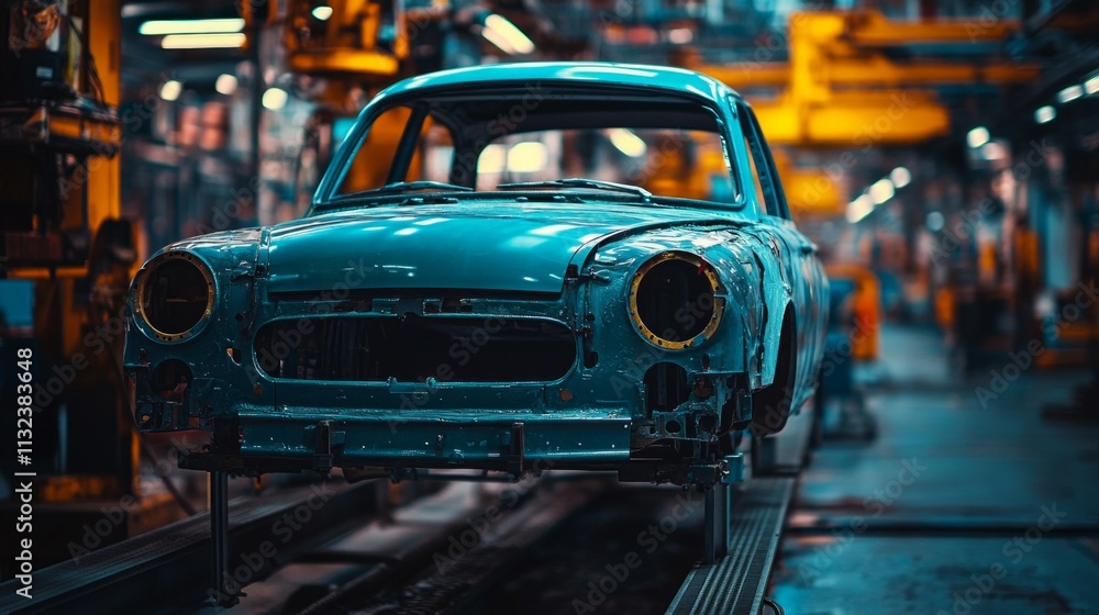 Obraz premium An awe-inspiring vintage car model is seen in an industrial factory setting. It showcases the beauty of automotive design and craftsmanship. Generative AI
