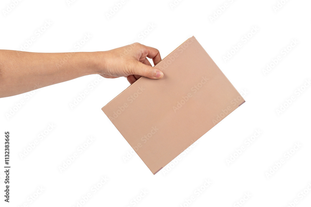 Fototapeta premium Blank book cover in hand on transparent background.