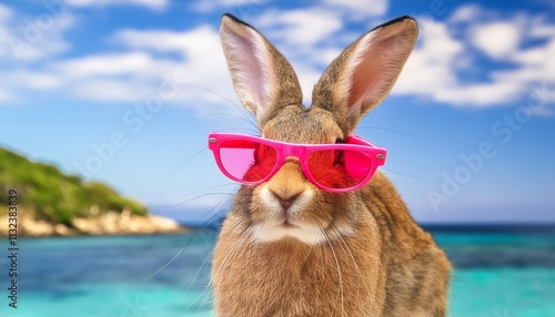 Portrait de lapin de Pques avec des lunettes roses Une uvre gnrative IA captivante qui capture la magie des clbrations de Pques avec une touche moderne et ludique. photo