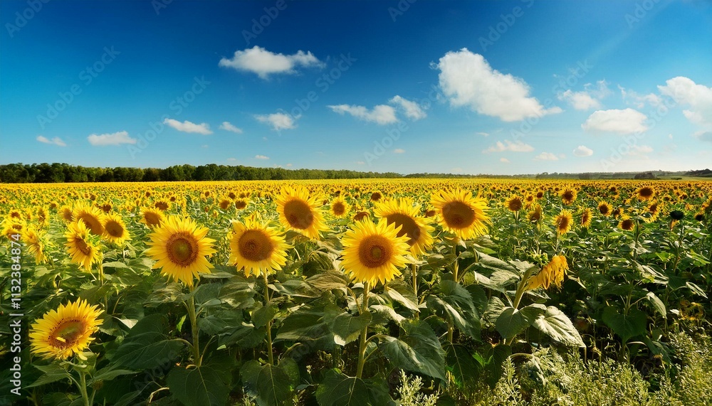 Obraz premium A vibrant sunflower field under a clear blue sky.