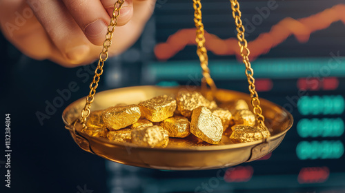detailed close up of hand weighing gold nuggets on scale, showcasing value of precious metals against financial background. image conveys sense of wealth and investment