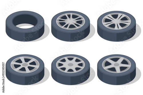 Isometric car wheels. Wheel and tire installation services. Transportation solutions, tire maintenance, and computerized balancing equipment.