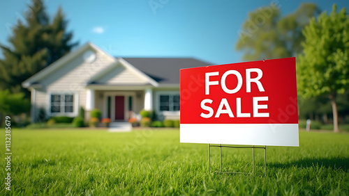 A realistic mockup of a 'For Sale' sign on a suburban lawn, with customizable text and logo areas, framed by a sunny blue sky.