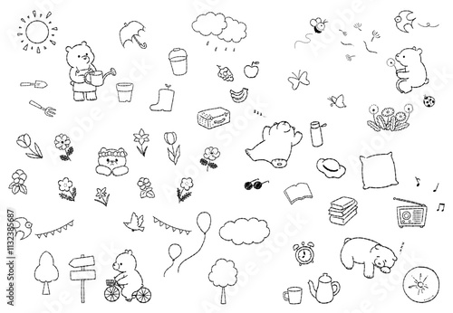 春のクマの手描きの線画イラストセット