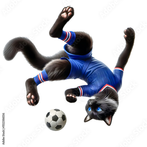 Black Cat Soccer Player in Blue & White Kit, Transparent Background