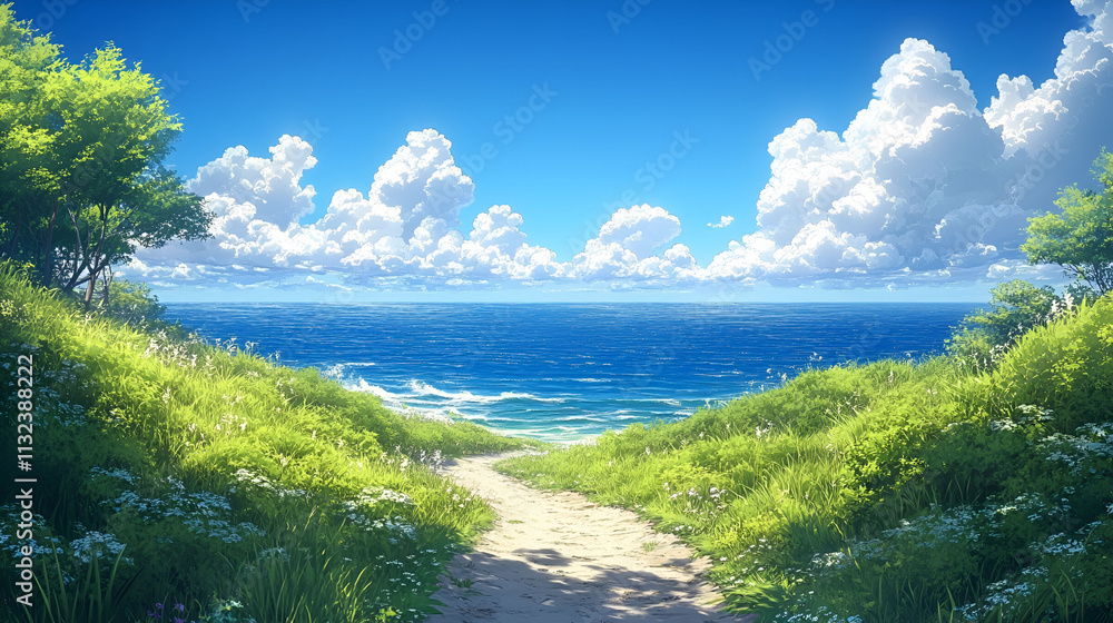 Naklejka premium Sunny Coastal Path Leading to a Serene Ocean View