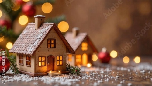 Wallpaper Mural Beautifully lit New Year brown houses adorned with garlands, set against a soft Mocha Mousse background with a dreamy, blurred effect for a festive and cozy ambiance. Torontodigital.ca