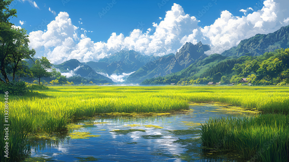 Fototapeta premium Serene Landscape Featuring Rice Paddies and Majestic Mountains