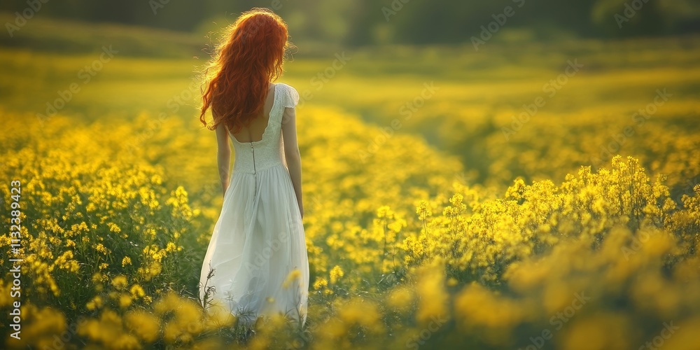 Fototapeta premium Redhead girl in a white dress surrounded by a vibrant rapeseed field, capturing the essence of a serene moment in nature with the beauty of the redhead girl standing amidst the blooming flowers.