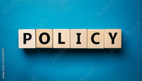 木製の正方形のPOLICYのテキストが入ったブロックキューブ。aiで生成
