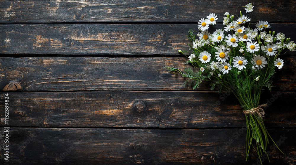 Obraz premium Beautiful bouquet of daisies placed on rustic wooden table during daylight. Generative AI