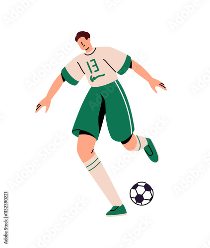 Professional sportsman plays soccer match. Football player runs, kicks, hits with foot, passes ball. Athlete in uniform training in sport game. Flat isolated vector illustration on white background