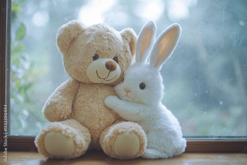 Fototapeta premium A teddy bear and a rabbit are sitting together, looking at the camera