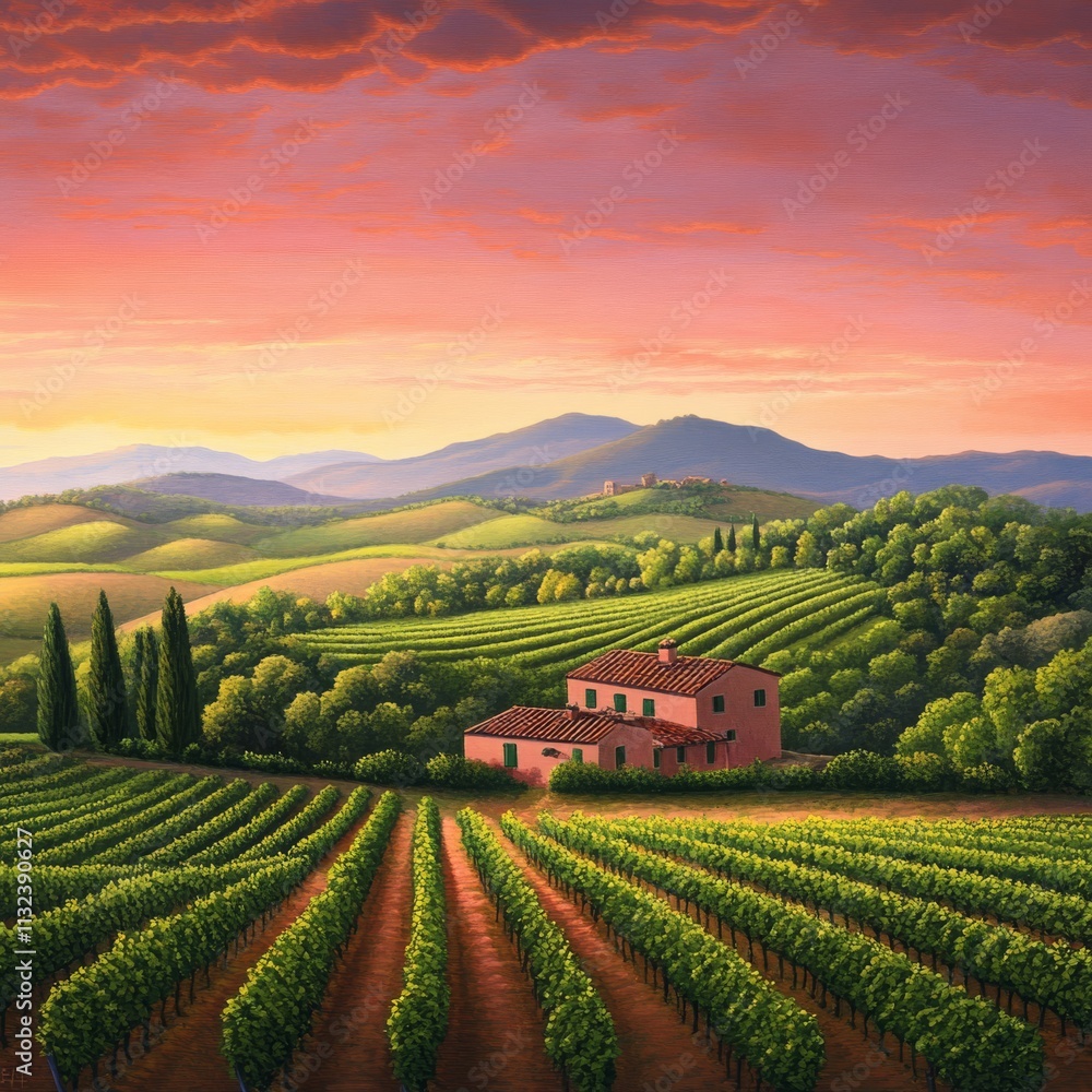 Fototapeta premium A picturesque sunset over rolling vineyards with a charming farmhouse in the foreground, capturing tranquil rural beauty.