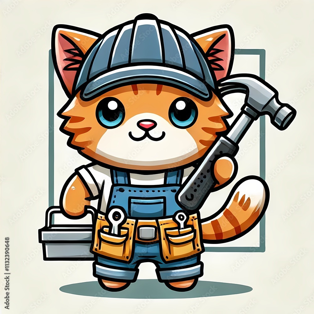 Fototapeta premium Cute Cat Handyman Holding Hammer Cartoon Vector Icon Illustration