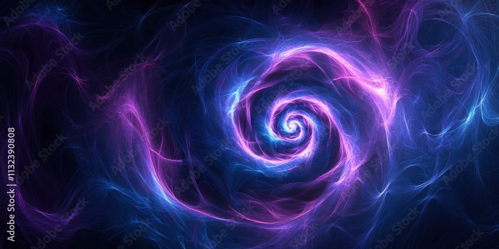 Abstract background with lines of purple and blue neon light waves forming a spiral in space. Abstract background with lines of purple and blue neon light waves forming a spiral in space.