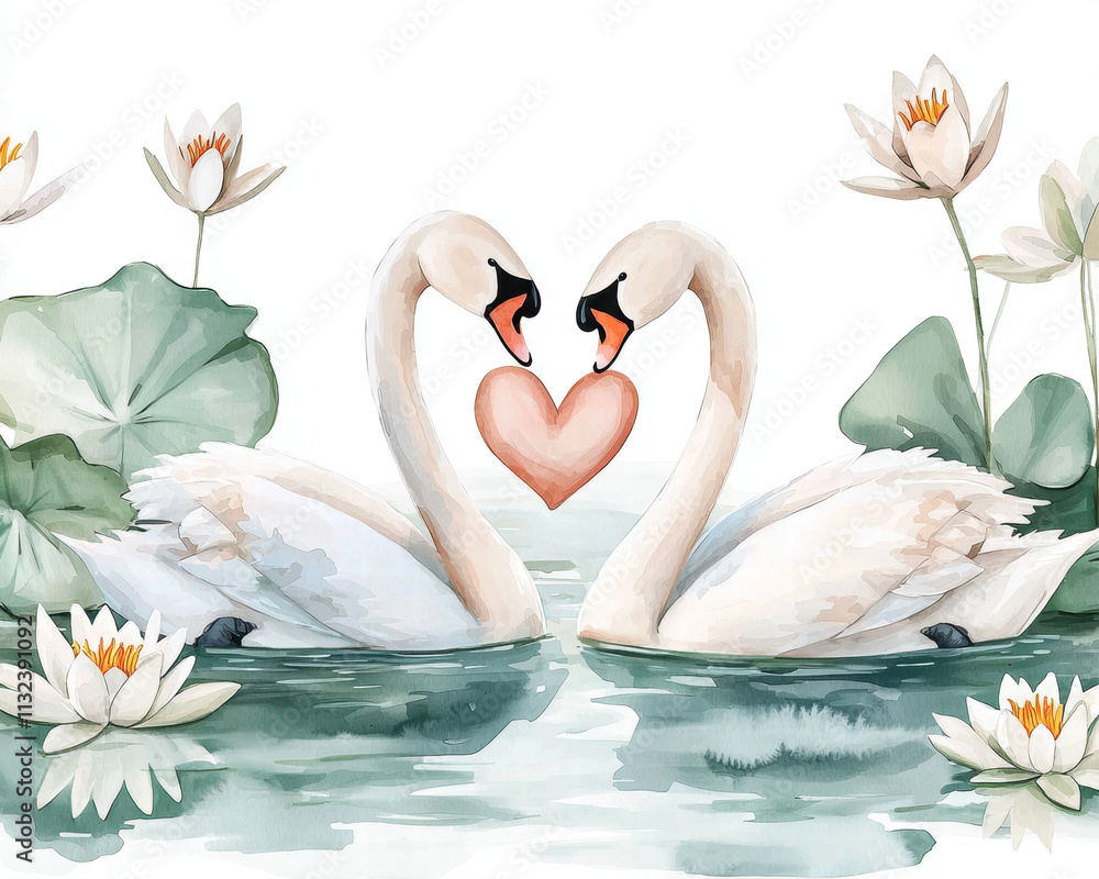 Obraz premium Swan couple forming heart shape, surrounded by water lilies and leaves