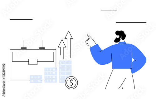 Businessman pointing at financial growth icons including stack of coins, briefcase, and upward arrows. Ideal for presentations, business growth, economics, financial planning, investment, corporate