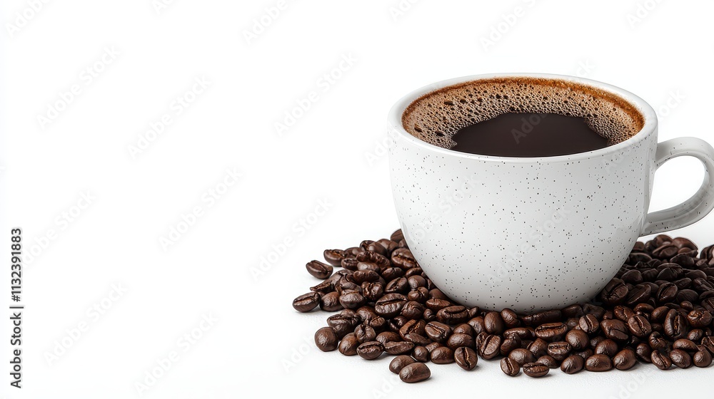 Fototapeta premium A cup of coffee surrounded by coffee beans on a white background.
