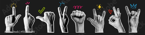 Retro y2k dotted halftone human hand collage, comic sticker with torn paper, grunge cutout element and dot arm with crown, doodle arrow sign and star icon in different gesture and pop art style. Thumb