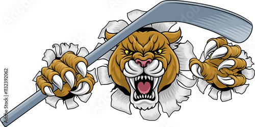 Cougar, panther, mountain lion or puma wildcat cat ice hockey sports mascot holding a hockey stick