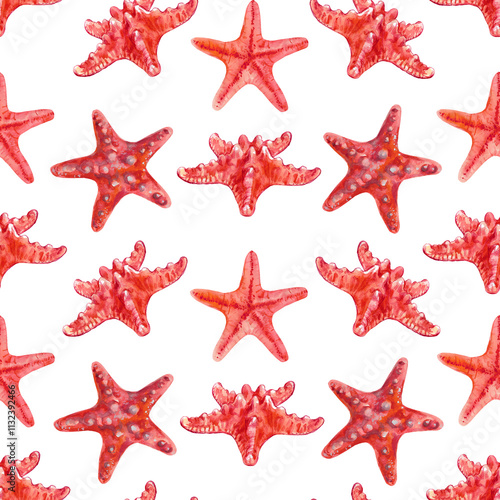 Pattern of starfish from the series sea creatures underwater world in watercolor. Asterias Rubens in reddish with a central disk and five arms. The common Starfish, common Sea Star or Sugar Starfish photo