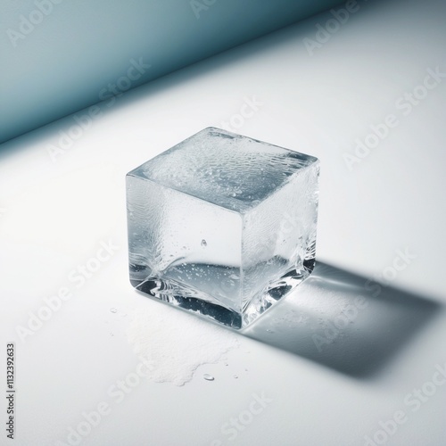 Singular ice cube closeup on neutral white surface