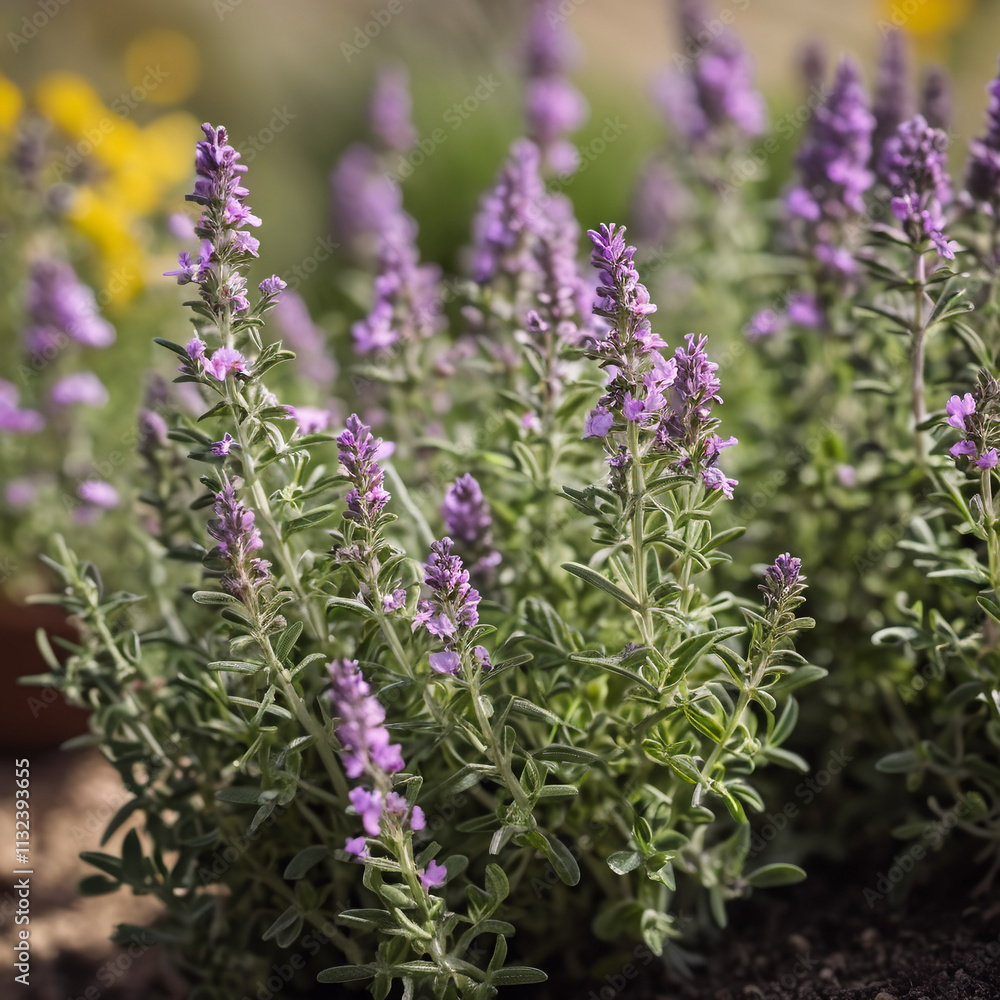Fototapeta premium Kräuter - Üppiger Thymian in einem blühenden Kräutergarten