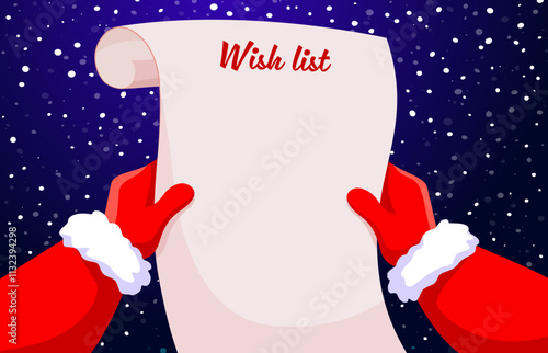 Christmas wish list in Santa hands. Xmas holiday wishlist. Cartoon vector father Noel character holding a scroll with title Wish list against a snowy night background with falling, snowflakes top view