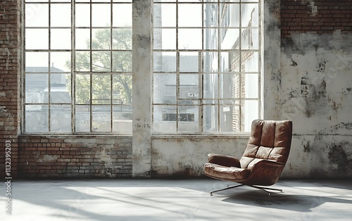 Wallpaper Mural Leather armchair in a sunlit industrial loft interior with large windows and exposed brick walls. Torontodigital.ca