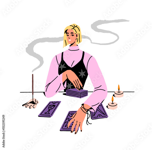 Happy fortuneteller makes tarot reading, prophecy. Fortune teller does divination with magic card deck. Woman goes future telling, destiny, fate. Flat isolated vector illustration on white background