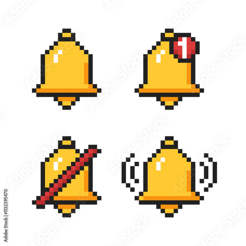 8 bit bell icons. Bell notification icons for mobile interface. Pixel bell for user interface.