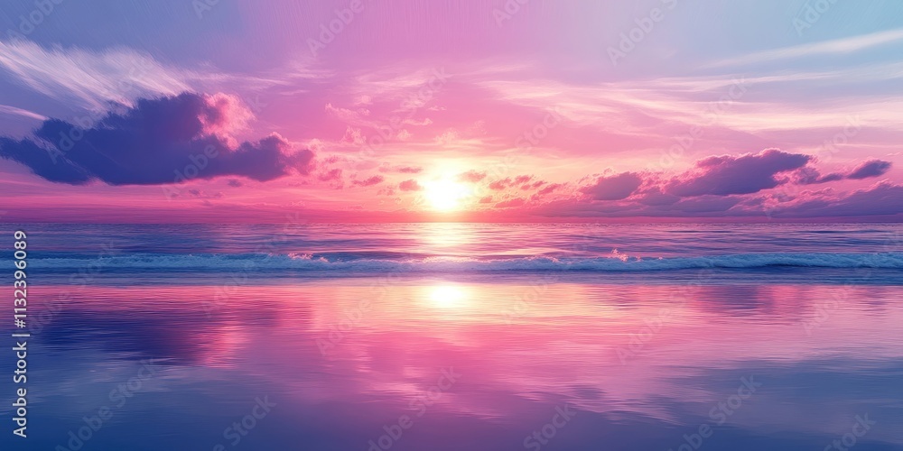Fototapeta premium Beautiful beach sunset background featuring vibrant colors reflecting over the calm ocean. A serene beach sunset background captures the essence of tranquility by the ocean.