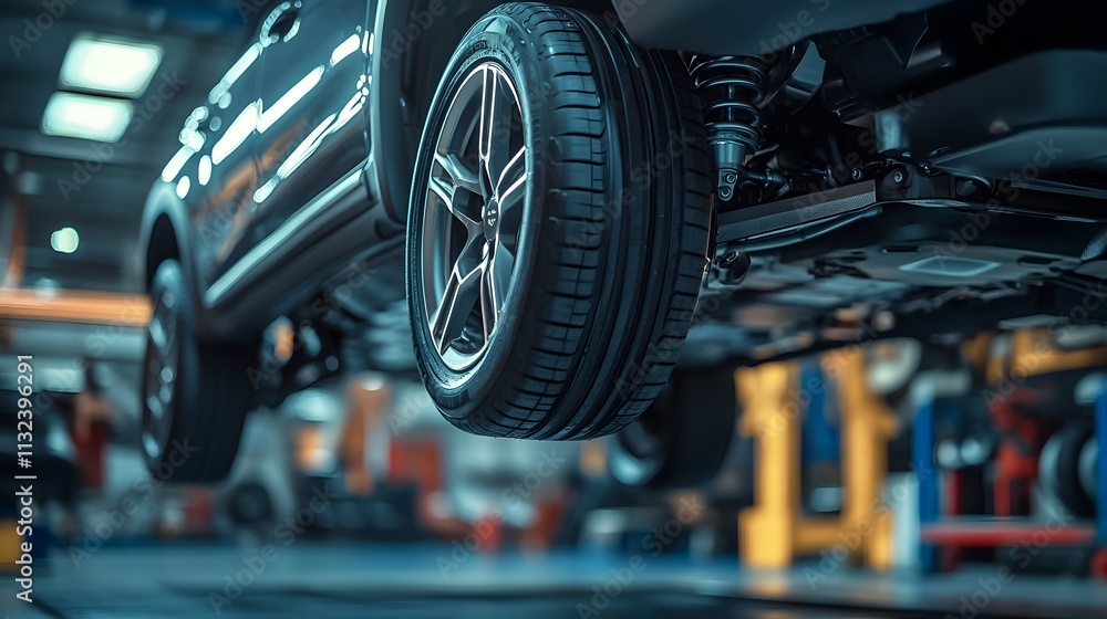 Fototapeta premium SUV tire rotation in progress. Vehicle on hydraulic lift, showcasing tire and suspension. Automotive maintenance.