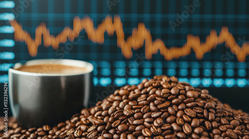 dynamic portrayal of stock market screen with coffee and coffee beans, symbolizing investment and productivity. image captures essence of finance and daily routines